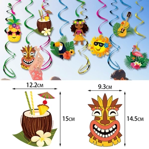Hawaiian party hanging swirl decorations with tropical icons and size specifications