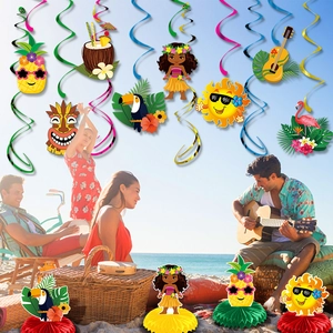 Hawaiian Luau party decoration set with colorful spiral swirls and honeycomb centerpieces