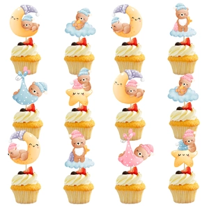 Cartoon Bear Cupcake Toppers Paper Cake Decorating Inserts For Baby Shower First Birthday Party Moon Star Cloud Cute