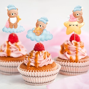 Cute teddy bear cake toppers with stars and clouds for baby shower party decorations