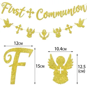Glittery gold First Communion banner with angel and cross elements, size 15cm height