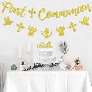 Gold glitter First Communion party banner set with cross and dove cake topper decoration