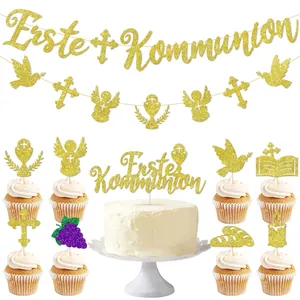 Golden glitter Erste Kommunion party banner and cake topper set for First Communion decor