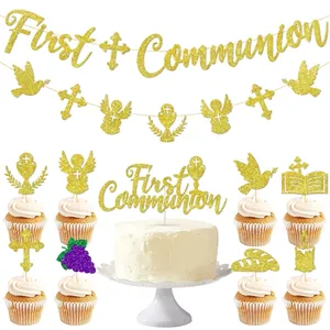 Golden glitter First Communion party decoration set with banner and cupcake toppers