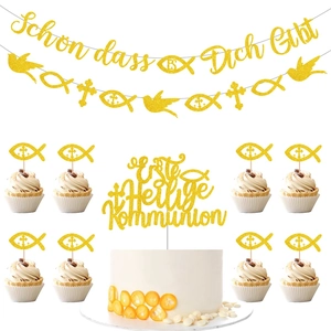 German First Holy Communion Decoration Gold Glitter Banner Cake Toppers For Baptism Confirmation Celebration Party