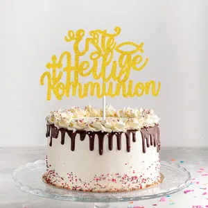Golden glitter First Holy Communion cake topper with German text and religious fish symbol