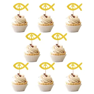 Religious cake toppers featuring golden glitter fish and cross for baptism party decoration