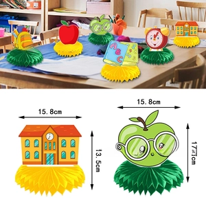 Detailed dimensions for school-themed paper honeycomb centerpieces with cartoon designs