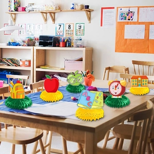Set of 6 back-to-school themed honeycomb paper table centerpieces for classroom decoration
