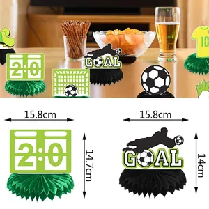 Football party honeycomb centerpieces with goal silhouette and score board for birthdays