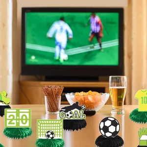 Soccer party table centerpieces set with honeycomb bases for birthday decorations