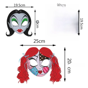 Detailed size specifications for three Halloween paper masks with character measurements