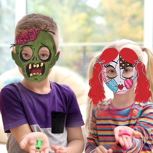 Detail of children wearing scary zombie and stitched ragdoll paper Halloween party masks