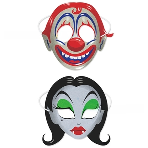 Detail of paper clown and vampire party masks with elastic straps on white background