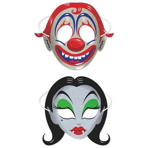 Halloween paper mask set featuring classic red-haired clown and vampire character designs