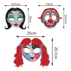 Three spooky Halloween paper masks including a clown and Sally design with dimensions