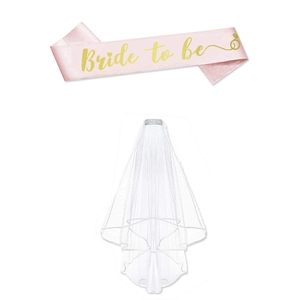 Pink satin Bride to be sash and white layered tulle veil set for bachelorette parties