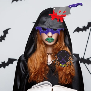 Black hooded Halloween cloak with satin finish for costume parties and festive props