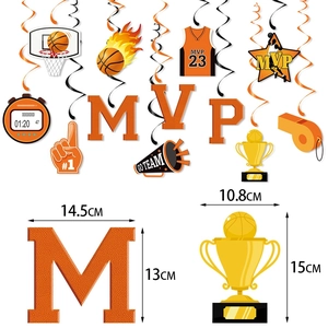 Basketball theme party hanging swirls set with MVP jersey and basketball trophies