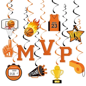 Detailed set of basketball party hanging swirls with MVP signs, jerseys and orange spirals