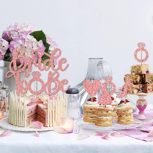 Pink glitter Bride to Be cake topper set with heart and diamond ring party decorations