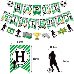 Soccer themed Happy Birthday banner set with football silhouettes and trophy decorations