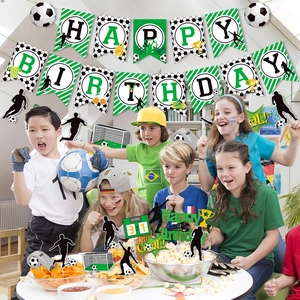 Soccer themed birthday party decoration set with Happy Birthday banner and cake toppers