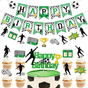 Soccer Theme Birthday Party Decoration Happy Birthday Banner And Cake Toppers Paper Glitter World Cup Style