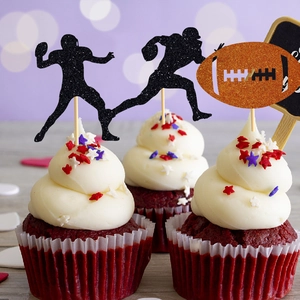 Glitter American football cake toppers set with player silhouettes for birthday party decor