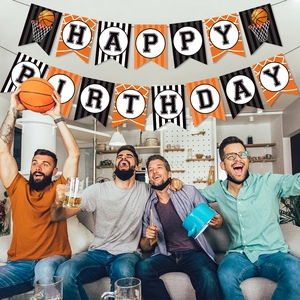 Basketball happy birthday banner for sports theme party decorations with basketball graphics
