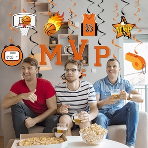 Basketball theme party hanging swirls with MVP signs for men's birthday celebration