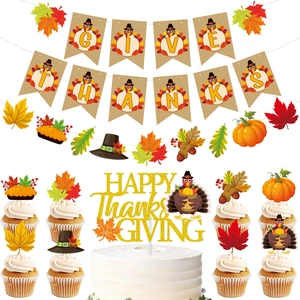 Thanksgiving party decoration kit with Give Thanks banner and turkey cake toppers