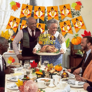 Give Thanks banner and Happy Thanksgiving cake topper set with autumn turkey decor