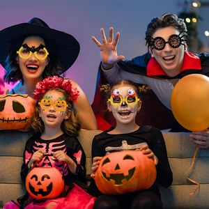 Famille portant des lunettes d'Halloween avec citrouille, chauve-souris, araignée et œil