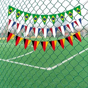 World Cup soccer triangular pennant flags hanging on stadium fence for sports event decor