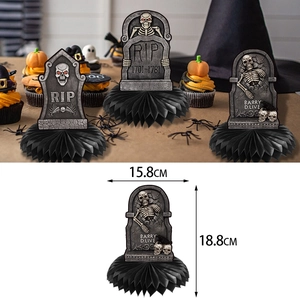 Halloween tombstone honeycomb table decorations with RIP designs and skeleton patterns
