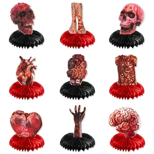 9-piece Halloween honeycomb table decor set featuring skull, heart, and severed limb patterns