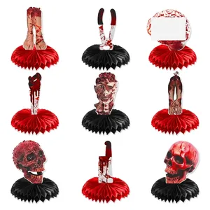Set of 9 Halloween honeycomb table decorations with skull and blood splatter designs