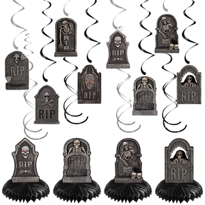 Halloween Tombstone Honeycomb Centerpieces And Hanging Spirals Paper RIP Skeleton Spooky Party Decor