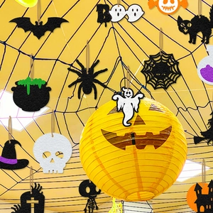 Halloween hanging decor set featuring felt ghosts, spiders and pumpkins for party props