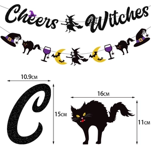 Cheers Witches black glitter banner with witch and black cat silhouettes for party decor