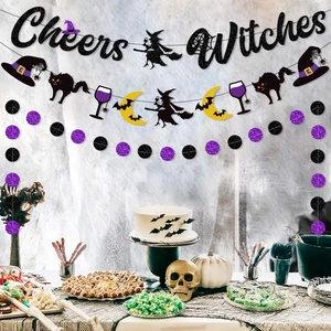 Cheers Witches Halloween banner set with glitter silhouettes for party wall decoration
