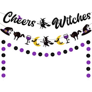 Halloween Banner Hanging Decoration Glitter Paper Cheers Witches Witch Black Cat Moon Holiday Party Ornament Decor