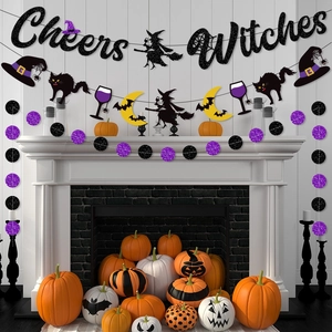 Cheers Witches Halloween banner set with glitter black cat and witch moon decorations