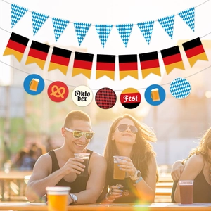 Oktoberfest party banners with blue-white checkers and German flag colors for festival decor