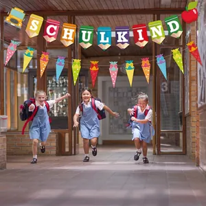 Schulkind back to school banner with colorful pencil shapes and school bus decorations