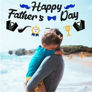 Glittery Happy Father's Day banner set with blue mustache and trophy party decorations