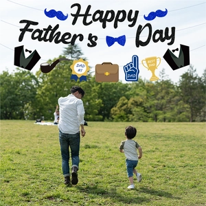 Happy Father's Day banner set with blue and gold decorative elements on scenic background