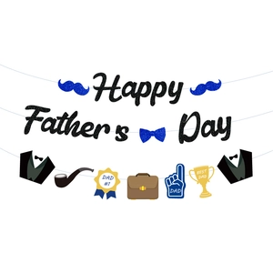 Glittery Happy Father's Day banner set with suit and trophy icons for party decoration