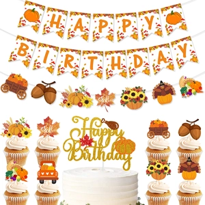 Autumn Birthday Banner And Cake Toppers Pumpkin Maple Leaf Turkey Harvest Theme Party Paper Hanging Decorations Garland